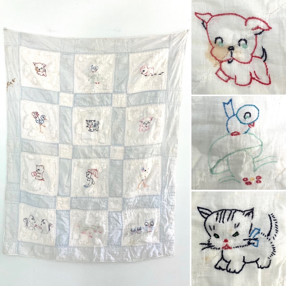 Vintage 40’s embroidered animals baby quilt blanket